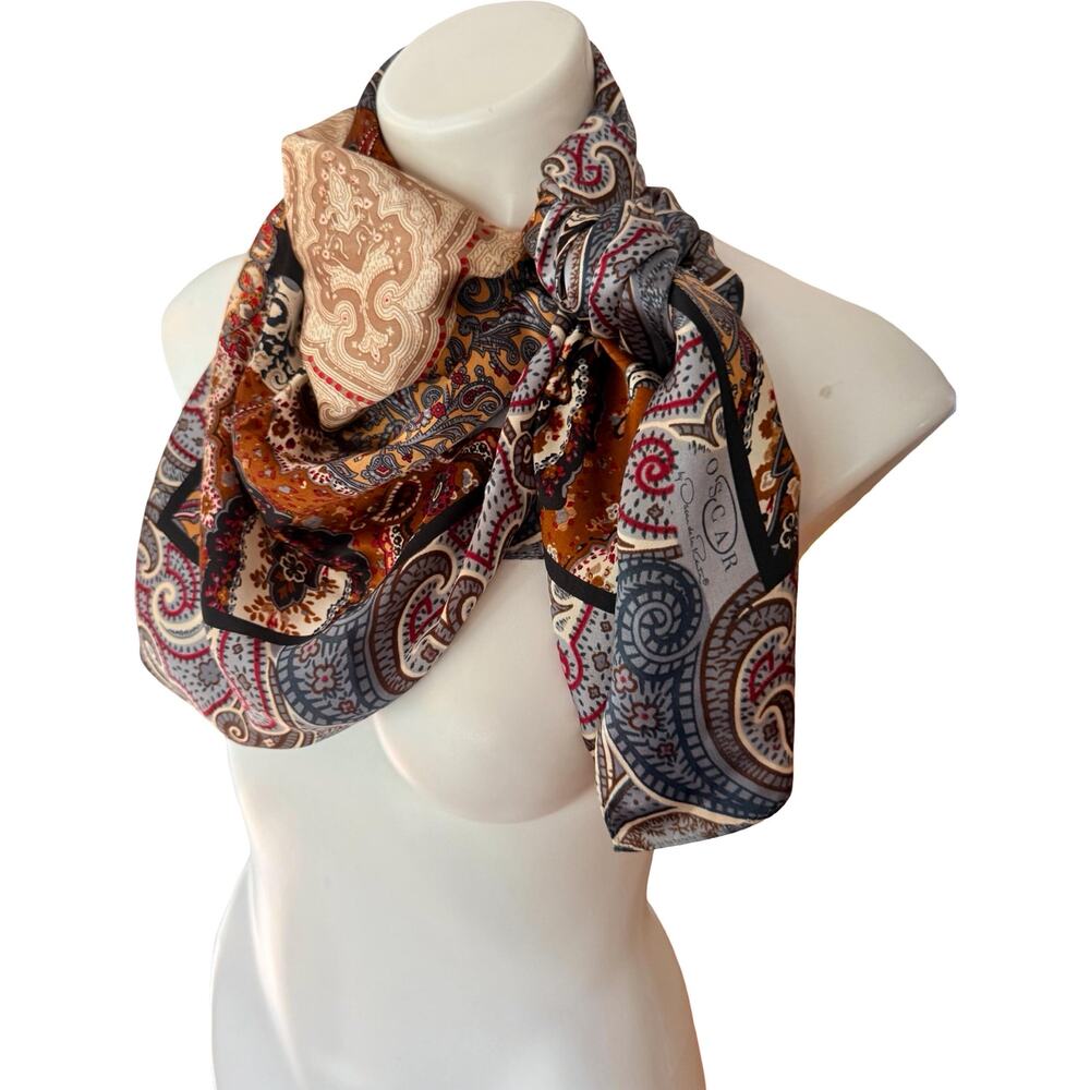 Vintage Oscar de la Renta Silk Paisley Patchwork Scarf 1980s NWT Brown Rust 34 - Picture 2 of 9